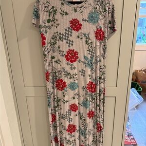 LuLaRoe Gray Maxi Dress with Red and Blue Floral Design